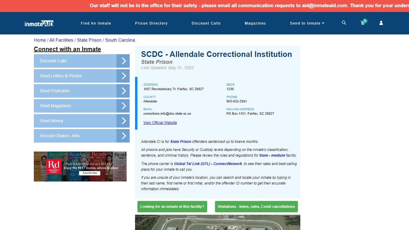 SCDC - Allendale Correctional Institution & Inmate Search | Visitation ...